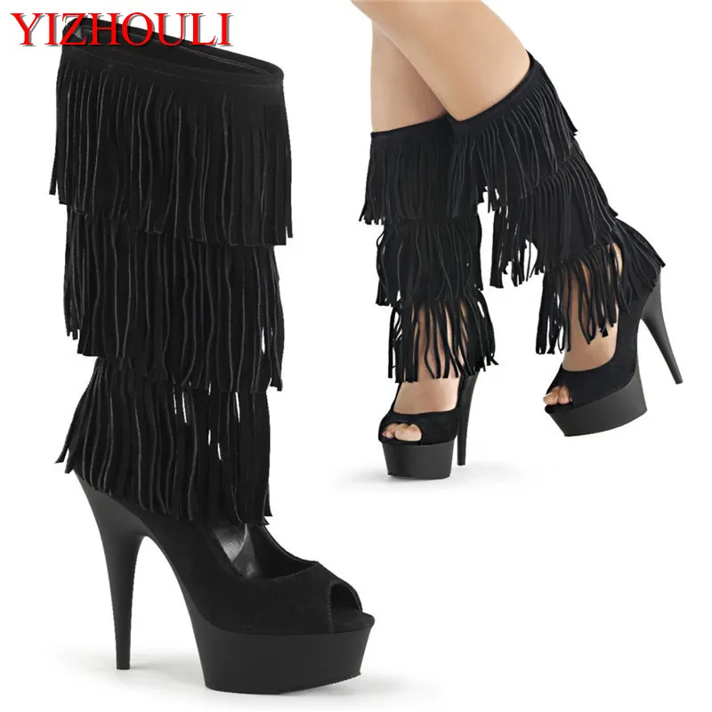 

15-17 cm high heel, evening wear high boots, 6 inch high heel suede tassel upper, evening dance pole dance sexy high boots