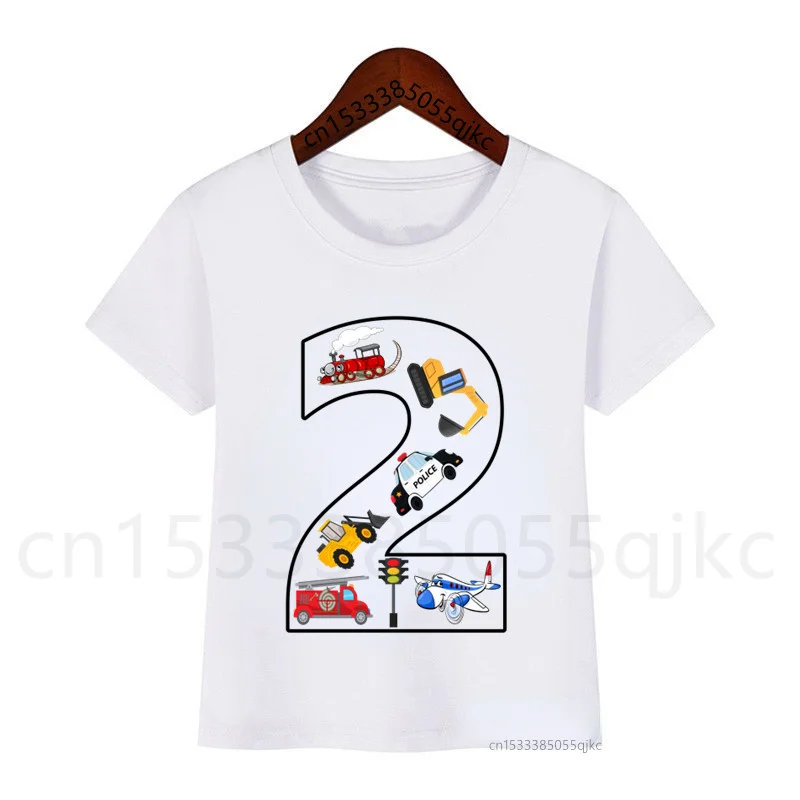 New Excavator Forklift Police Car Airplane Train Birthday Number Printing T-shirt Boy Girl Cute Funny Gift T-shirt Gift Set