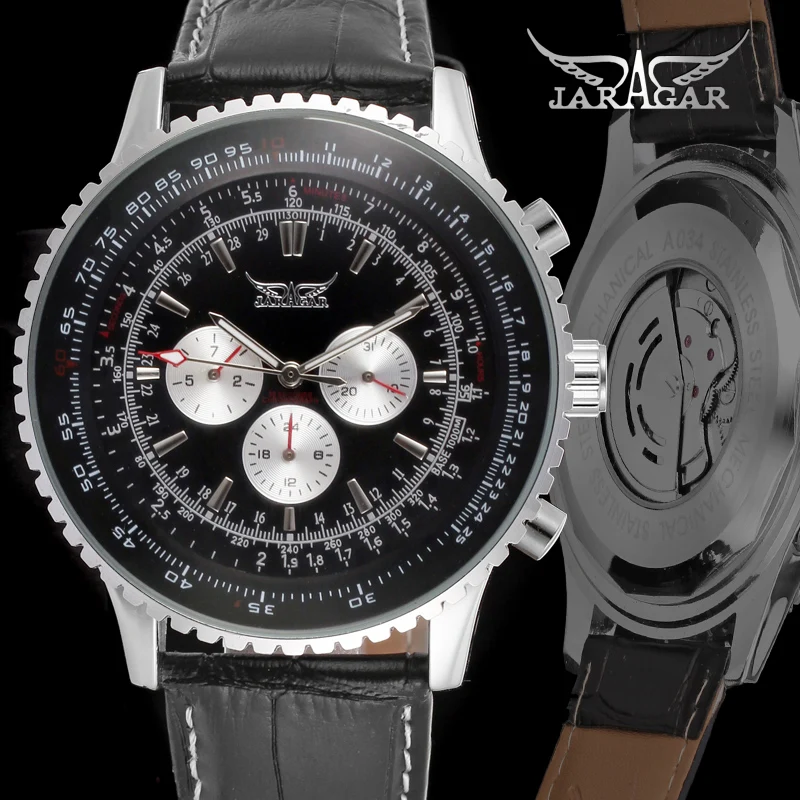 JARAGAR Watch Fashion style three eye ring mechanical movement mechanical watch Gear round black belt wrist watch
