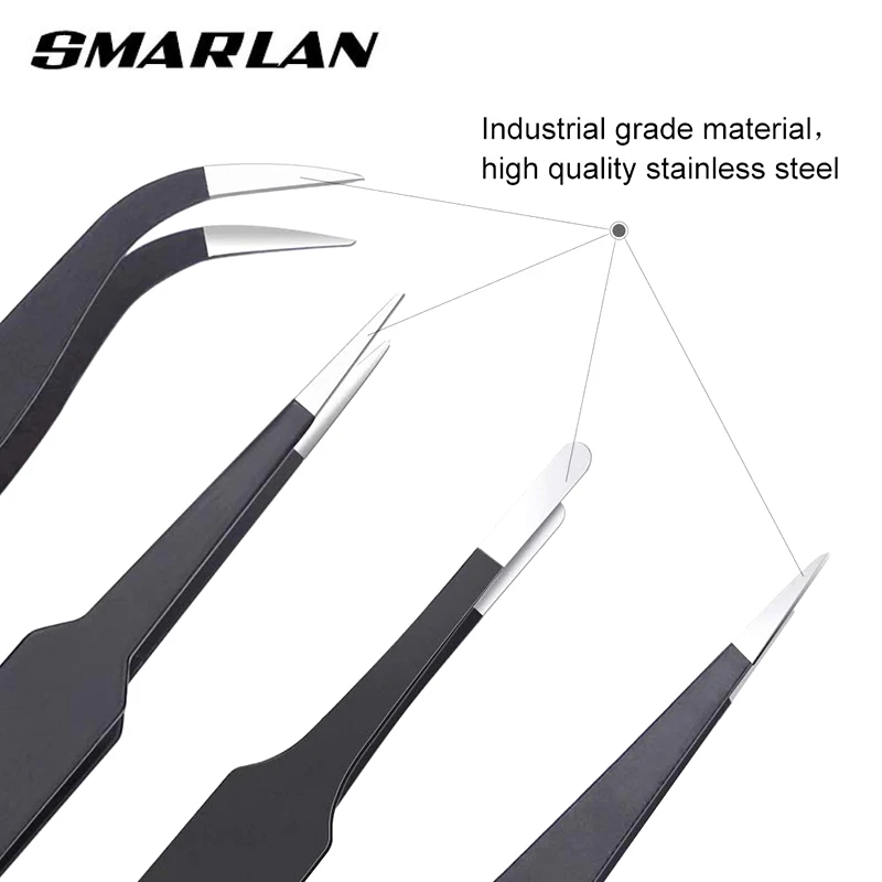 6pcs Anti-static ESD Stainless Steel Tweezers Maintenance Tools Industrial Precision Curved Straight Tweezers Repair Tools Set A