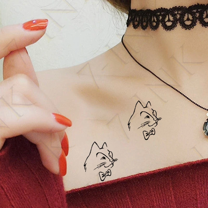 

Water Transfer Fake Tattoo Sticker Minimalist Cute Cat Animal Bowknot Art Waterproof Temporary Flash Tatto For Men Woman