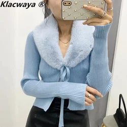 Klacwaya-cárdigan Vintage de piel sintética para mujer, suéter de punto con cuello de piel, Top de manga larga, suéter azul, cárdigan de punto, 2021