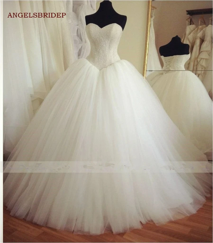 

Real V Waist Tulle Wedding Dresses Vestidos De Novia Sweetheart Sparkly Beaded Corset Wedding Dress Robe De Mariage Lace-up 2021