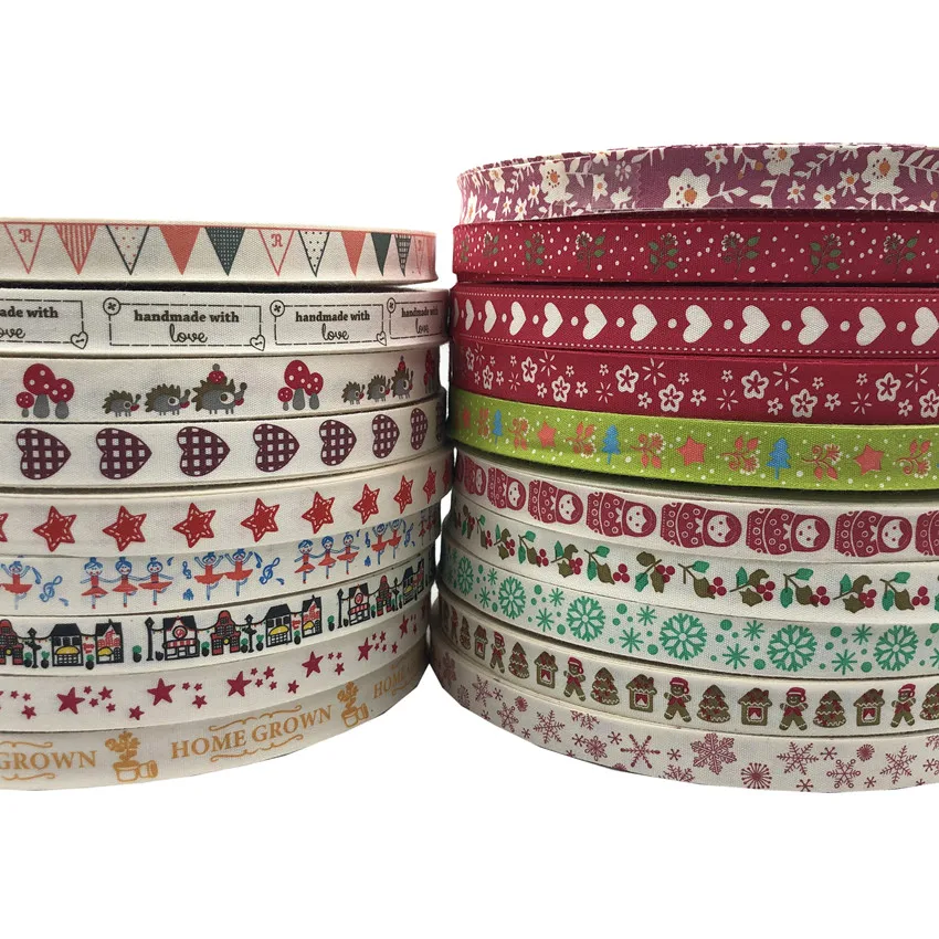 5 Yards/Lot 15mm Cotton Ribbon Handmade Design Printed Cotton Ribbons For Wedding Christmas Decoration DIY Sewing Fabric