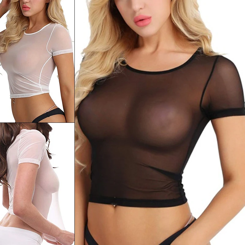 Sommer Frauen Sheer Top Sexy Mesh Transparent T-shirt Einfarbig Engen Ästhetischen Sehen Durch Damen Versuchung Elastische Weiche Tops