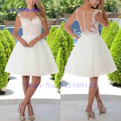 Vestidos De Novia Elegant Knee-Length Wedding Dresses Cap Sleeves Appliques Lace Tulle Short Garden Bridal Gowns Robe De Mariée