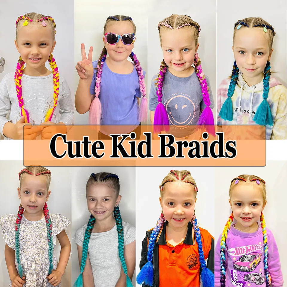Extensiones para trenzas, sintéticas, 24 pulgadas, jumbo, afro, rosa, verde, azul, púrpura, ombre, para niños 5