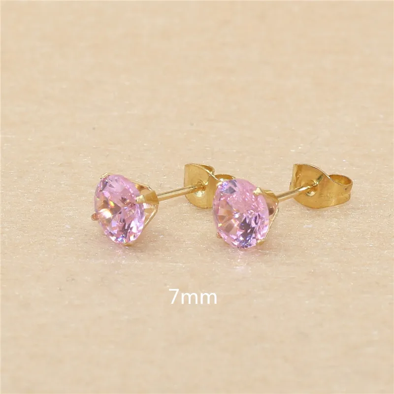 Mini-Ohrstecker aus Edelstahl mit rosa AAA-Zirkonia, 3mm bis 8mm rund, echte goldfarbene Beschichtung, nicht leicht verblassend, allergiefrei – Detail 15