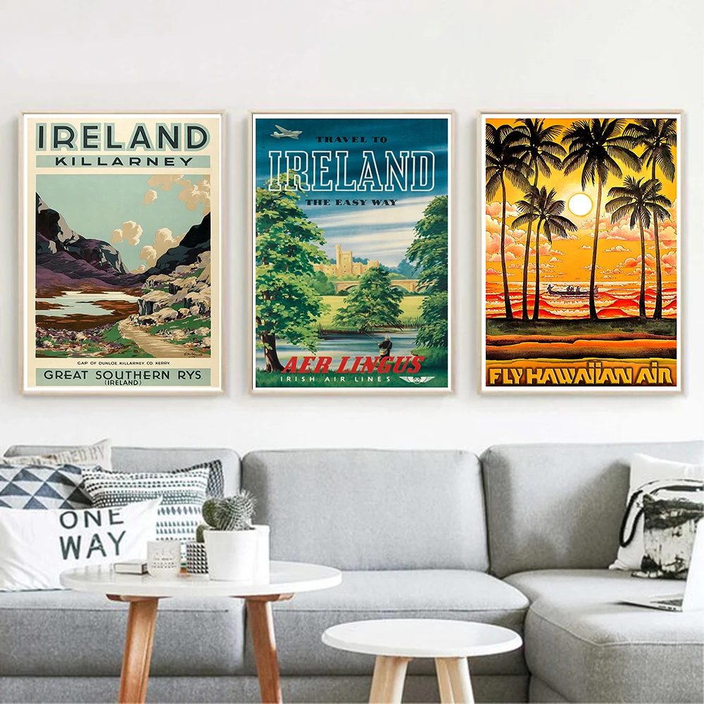 Travel Poster Tropic Hawaii Palm Landscape Painting and Ireland Canvas Painting Wall Art Picture Modern Home Decoration No Frame