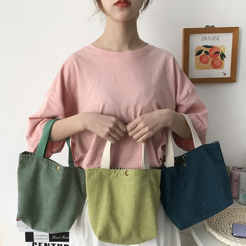 Small Corduroy Lunch Bag for Women 2023 Eco Canvas Portable Tote Bags Mini Female Students Bento Picnic Food Bag Travel Handbags