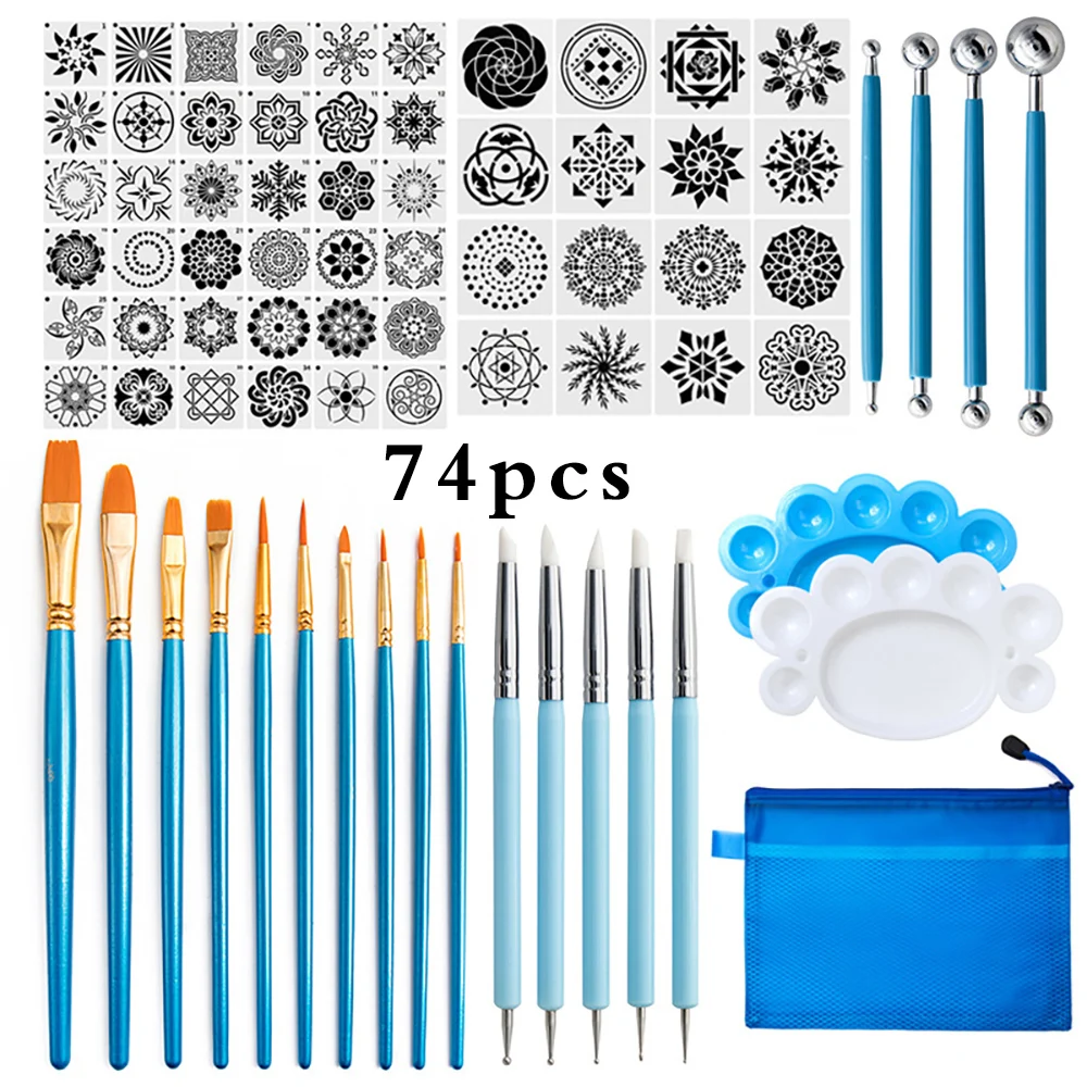 74Pcs Mandala Dotting Tools Pattern Mold Embossing Dot Kit Dotting Pens Brush Acrylic Rods Rocks Drawing Painting DIY Supplies