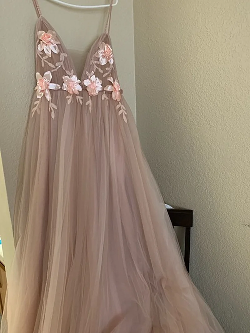 Robe de soirée rose en Tulle avec fleurs appliquées, bretelles Spaghetti, dos nu, traîne, col en v, robe de mariage, modèle 2021