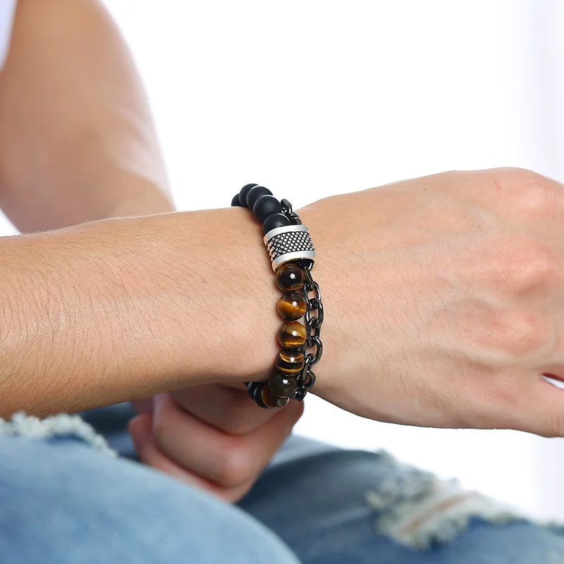 

10pcs BC jewelry Natural White Map Stone Men's Beaded Bracelet for Gift Stainless Steel Chain Bracelets Male Jewelry