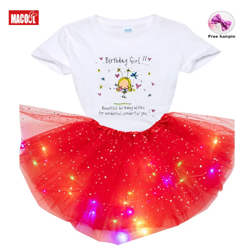 

Baby Girls Clothes Sets 2021 Summer Girl LED Short Sleeve T-shirt + Dress + Hairpin 3pc Sets Children's Clothing Dress Suit