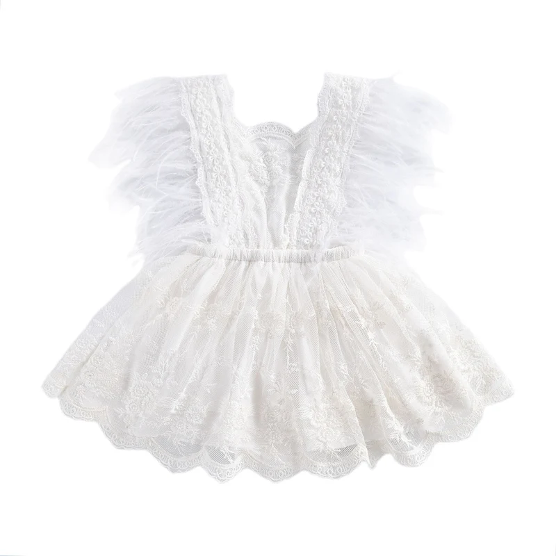 Toddler Infant Baby Girl Summer Princess Romper Dress Sleevless Backless Feather Tassel Lace Ruffles Bodysuit Jumpsuit 0-24M