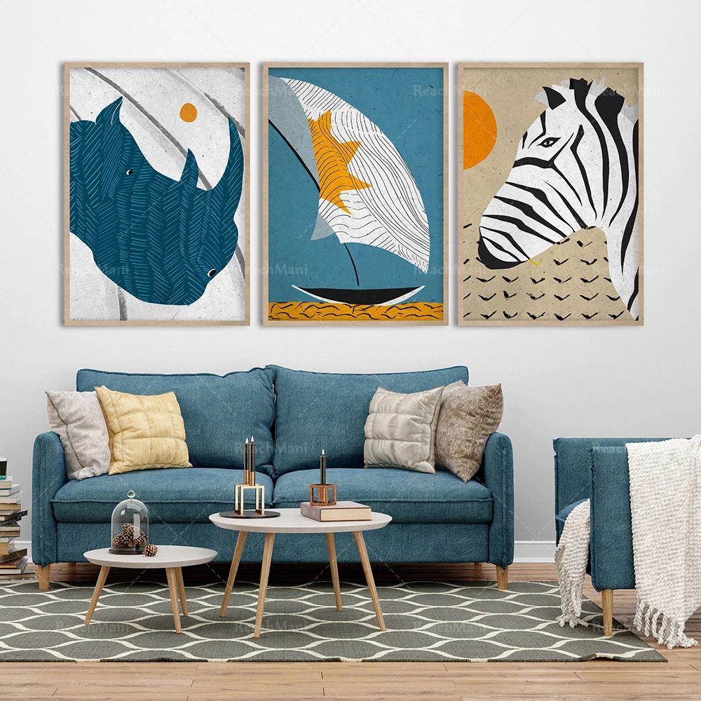 African animal adventure set, wild animal safari art print, sailing abstract, colorful nursery decoration, elephant and zebra ju