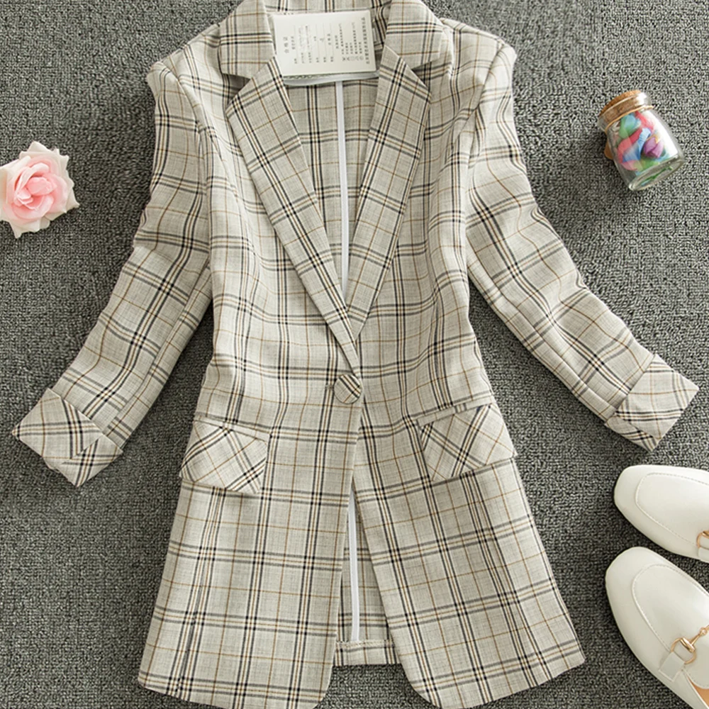

women Plaid blazer slim fit blazer ladies jacket Spring summer fashion new seven-point sleeves jacket one button suit