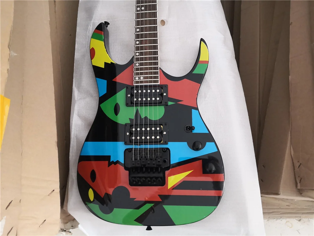 Order booking 6 strings electric guitar, black guitar,abstract painting pattern,tremolo bridge HH pickups,black buttons