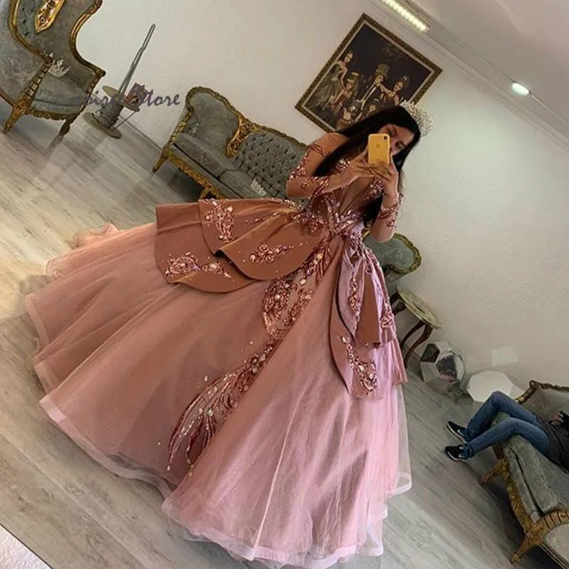 Dusty Pink Princess Quinceanera Dress With Rose Gold Sequin Long Sleeve Sweet 16 Puffy Pageant Vestidos De 15 Años Customiezd