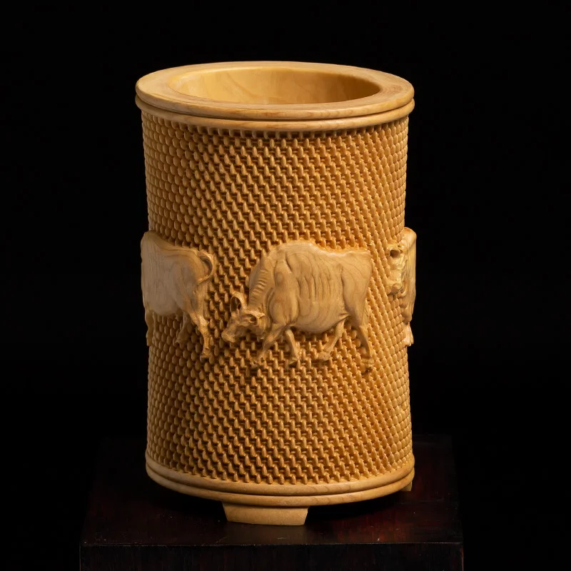 

Boxwood Carved 5 Bulls Zodiac Cattle Pen Holder & Fortune Furnishing, Tribute to the Four Treasures of Study