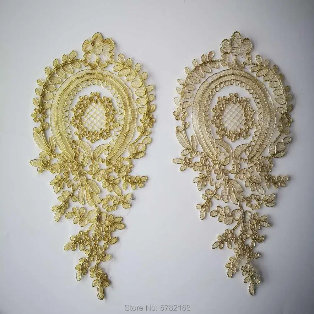 2Pcs/30X14cm Light Gold Pink Pineapple Flower Venise Flower Lace Applique Trim Wedding Dress Sewing Lace Patch