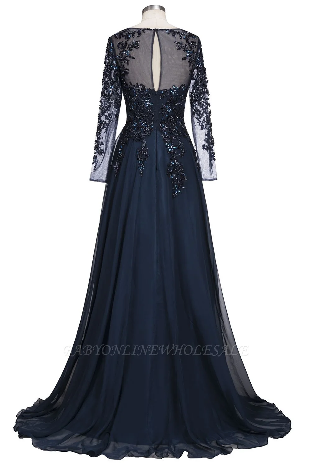 Exquisite Navy Blue Beads Crystals Long Sleeve Evening Dress 2022 Real Image Sexy Illusion Back Tulle A Line Evening Prom Gowns