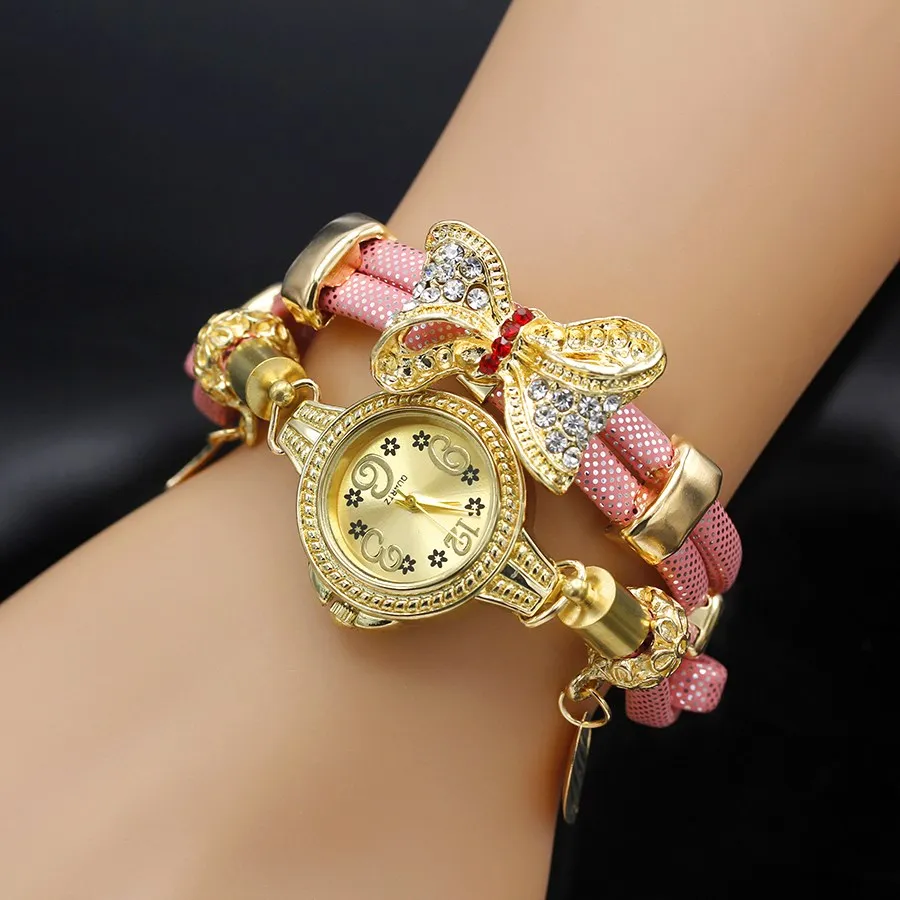 Shsby Fashion Women Rhinestone Watches Ladies Weave Rope Strap Howknot Alloy Bracelet Quartz Wristwatch Women Gold Dress Watches