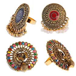 Vintage Gold Color Women Rings Indian Jewelry Engraved Flower Pattern Retro Party Female Pearl Tassel Finger Ring Stylish