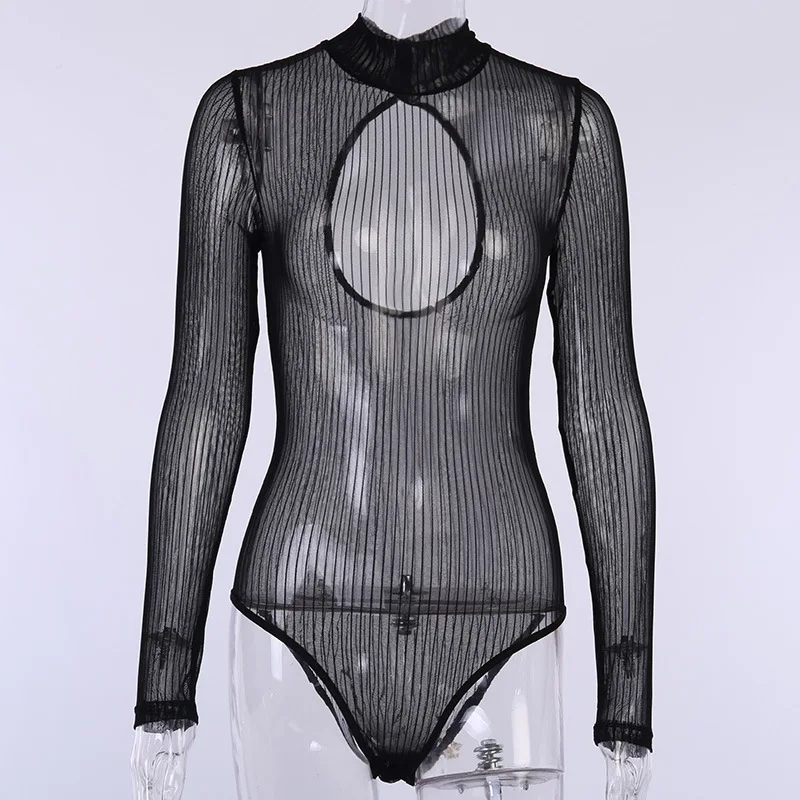 Bkld Sexy Een Stuk Backless Jumpsuit Nachtclub Mesh See Through Club Wear Lente 2021 Nieuwe Zwarte Bodysuit Vrouwen Lange Mouw