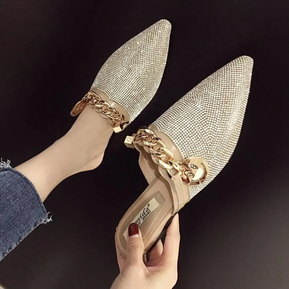 Pointed Toe Half Slippers Female Summer Wear 2021 New Fashion Rhinestone Lazy Flats Sandals Casual Slippers Metal Chain Slides