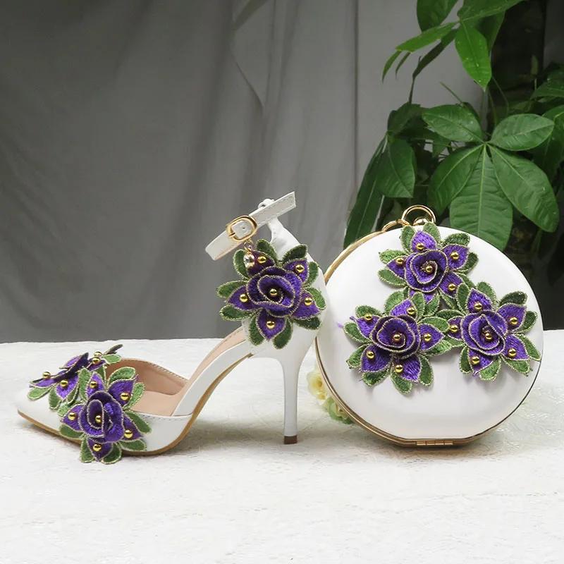 Flower wedding shoes with matching bags High heel Pointed Toe Ankle Strap Summer Sandals Party shoe and bag set High Shoes Woman