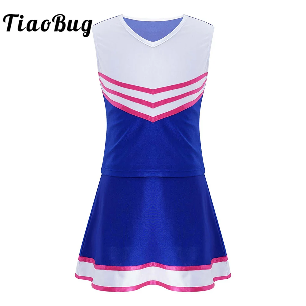 

Kids Girls Cheerleading Costume Cheerleader Uniform Sleeveless V Neckline Crop Top with Elastic Waistband Skirt