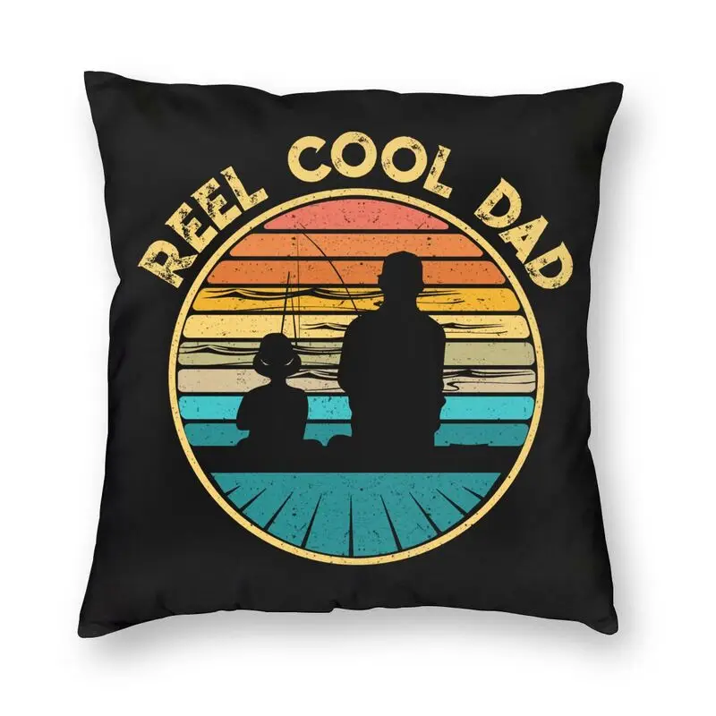 Retro Reel Cool Dad Fishing Cushion Cover Home Decorative Printing Vintage Fish Daddy Throw Pillow Case For Car Double-sided