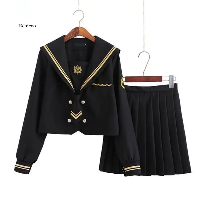 Schule Kleider Japanischen Stil Jk Uniform Schwarz Sailor Anzug Anime Form Plissee Rock Uniform Kleid Für Hohe Schule Mädchen Studenten