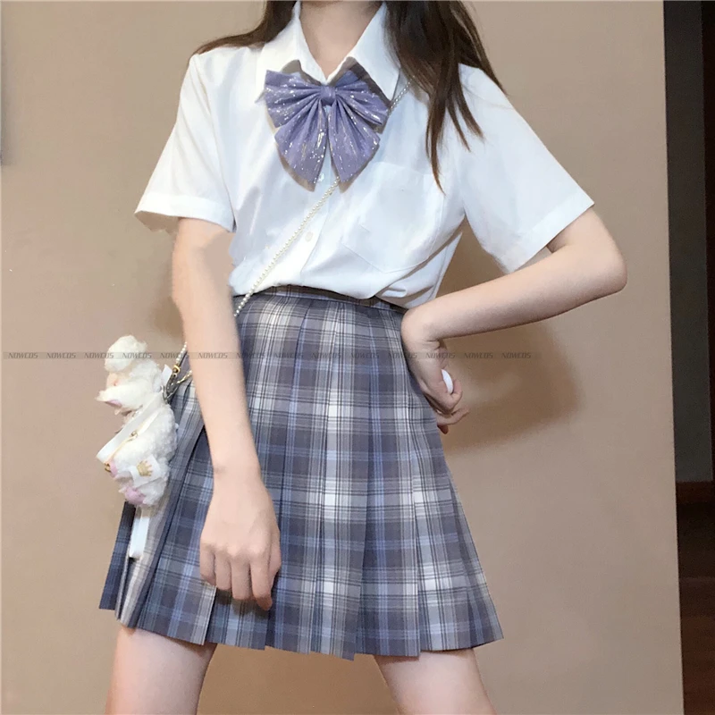 

[Black Currant] Long/Short sleeve Summer High Waist Plaid Pleated Skirts Women Dress JK School Uniform Students Girls Clothes