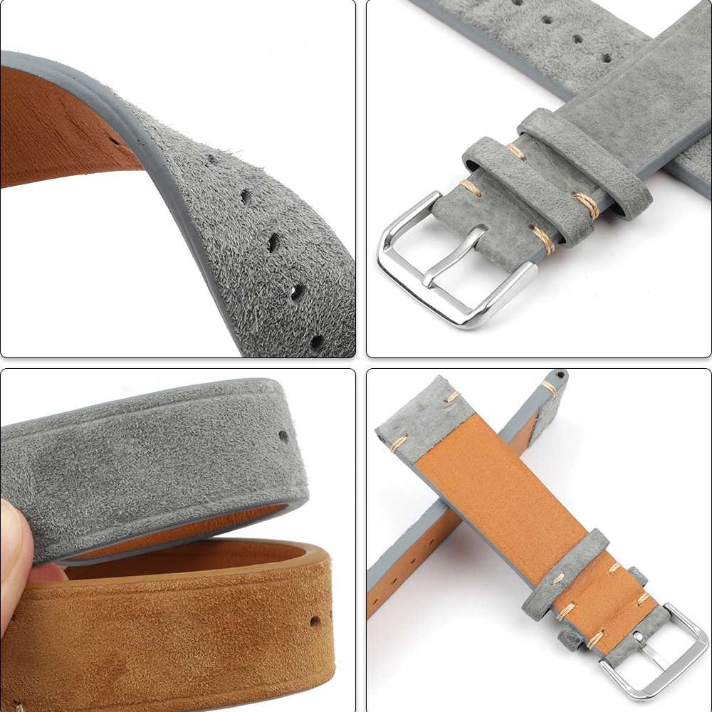 Vintage Suede Watch Strap 18mm 20mm 22mm 24mm Handmade Leather Watchband Replacement Tan Gray Beige Color for Men Women Watches