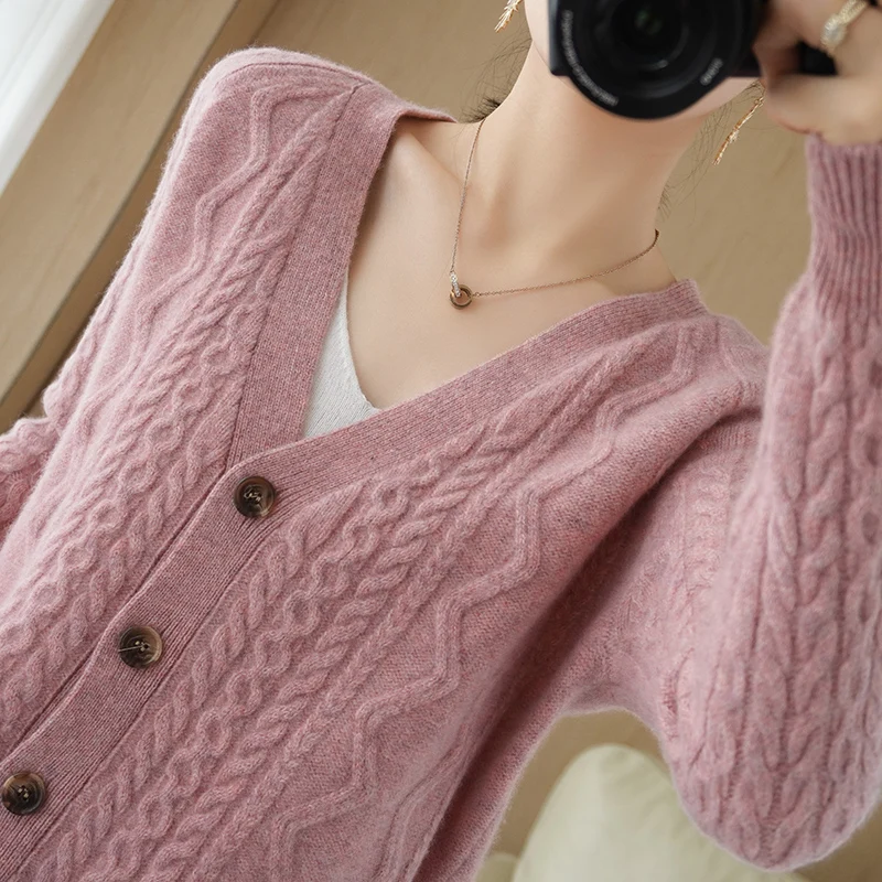 

Women's Cardigan 100% Merino Wool Cashmere Sweater Solid Long-Sleeved Thicken Female Knitwear V-Neck Women's Sweaters Loose Coat