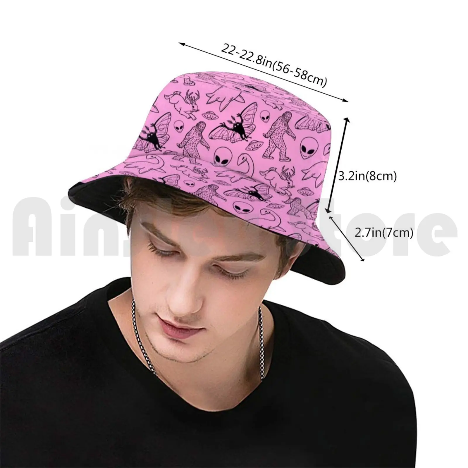 Cryptid Pattern ( Pink Background ) Sun Hat 615 Bucket Hat Cryptid Cryptids Bigfoot Sasquatch Nessie Loch