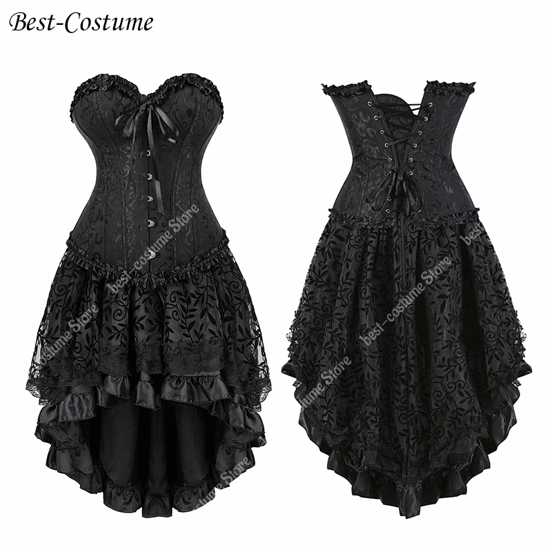 

Victorian Corset Dress Lace Up Satin Floral Corset Skirt Set Plus Size Medieval Corset Top With Skirt Black