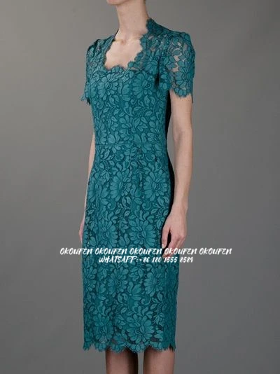 

Lace Short Mother Of The Bride Dresses Short Sleeves Knee Length Square Pencil Vintage Women Wedding Guest Party Gown Teal Green