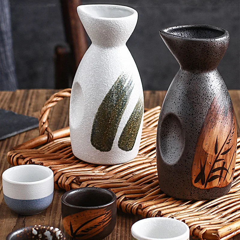 Japanese Sake Set Tokkuri Bottle 12oz 1pc and Ochoko Cups 1.2oz 4pcs, Retro Style Ceramic Decanter Drinkware for Warm/Cold Sake