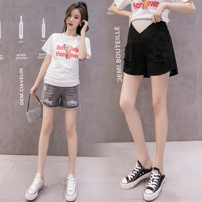 Denim Fashion Maternity Shorts Summer Pregnancy Cotton  Slim Tight Hole  Elastic  Pants  Jeans Clothes