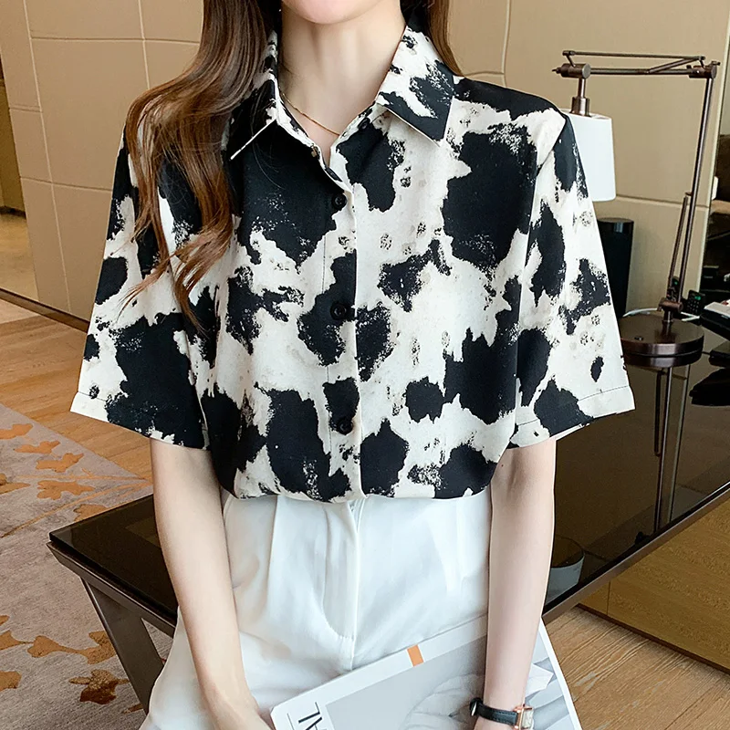 

Women Chic Retro Printing Chiffon Blouse Lady Tops Casual Short Sleeve Loose Bottom Shirt Women 2021 Summer Fashion Female Tops