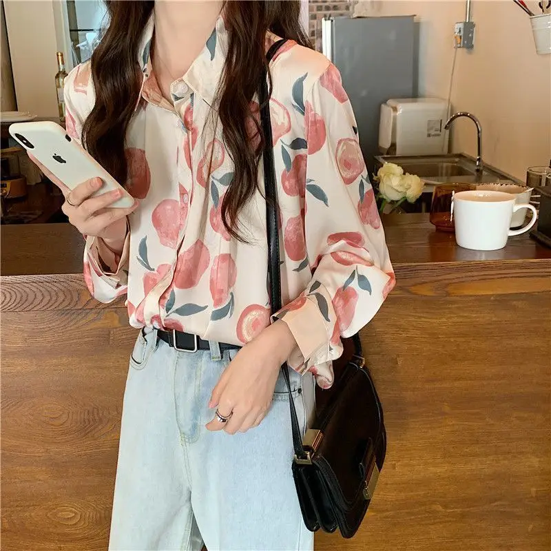 Shirts Women Retro College Female Peach-printed Breathable Single-breasted Spring Button Straight Long-sleeve Vintage Chiffon