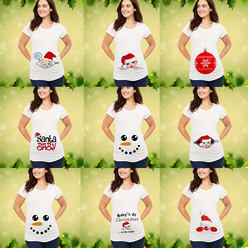 

Christmas Pregnant Shirt Shirt Maternity Christmas New Mom Top Women Pregnancy T-shirt Cute Santa Baby Xmas Pregnancy T-Shirt