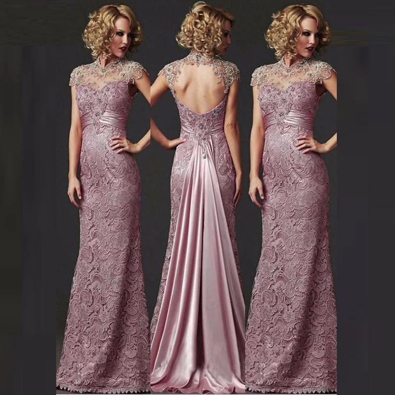 Élégantes robes en dentelle rose Quartz A Line, col haut, mancherons, mère de la mariée, fête de mariage perlée, quel que soit le dos