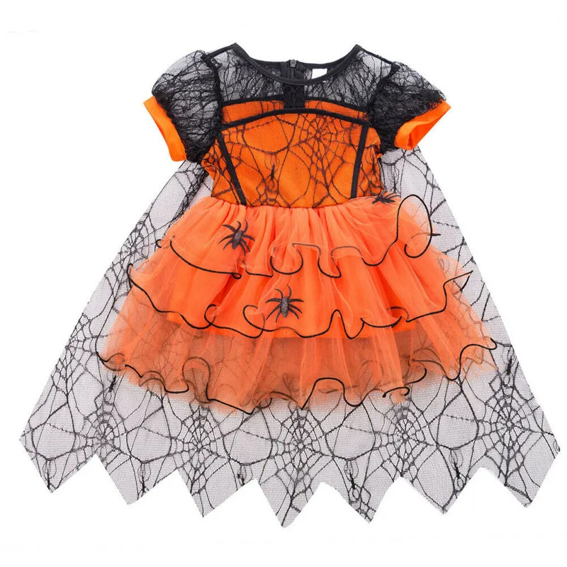 Halloween Baby Girls Witch Costume Childs Dress Spider Web Lace Rainbow Fancy Dress Baby Outfit Kids Party Clothes 0-5T