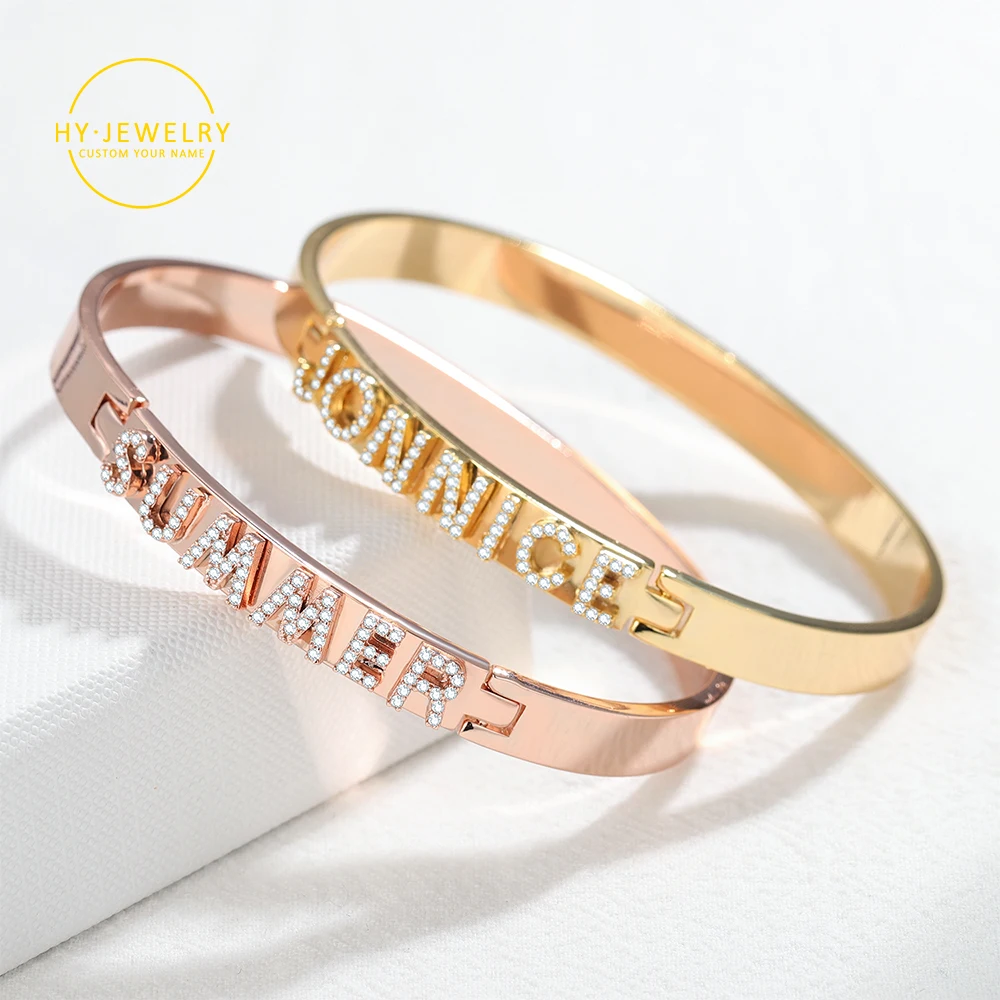 

Custom Name Bangles Personalized Crystal Bangle For Women Name Cuff Bangle Adjusted Personalized CZ Stones DIY Bracelet