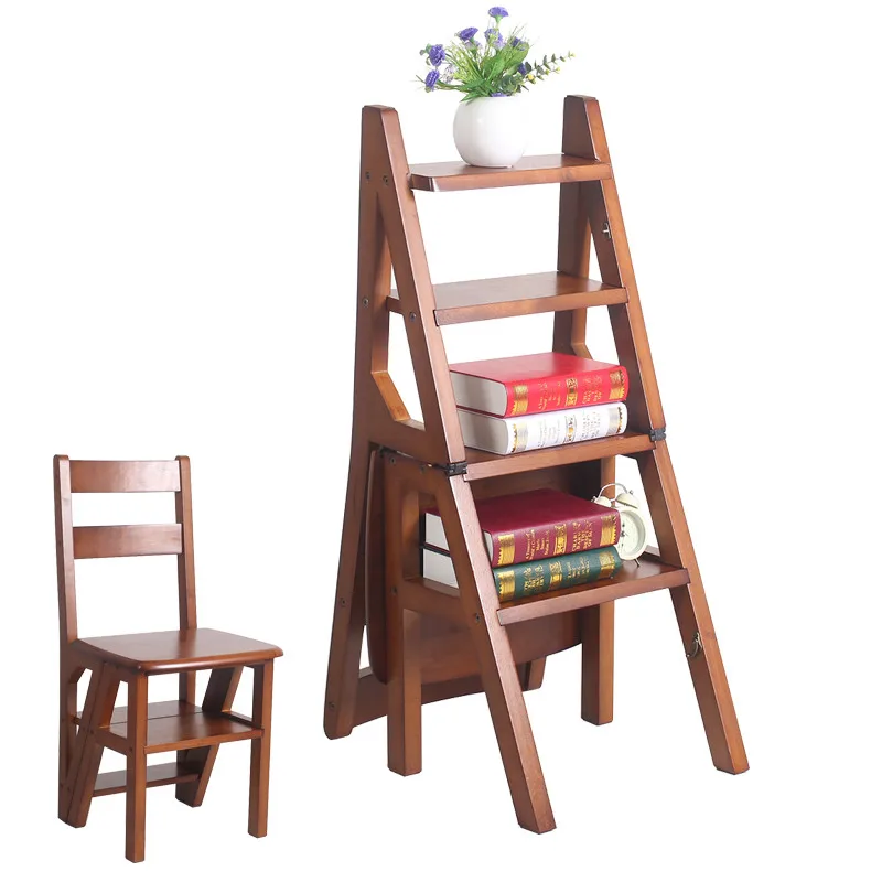 Convertible Multi-functional Four-Step Library Ladder Chair in 3 Color Library Furniture Folding Wood Chair Step Ladder For Home