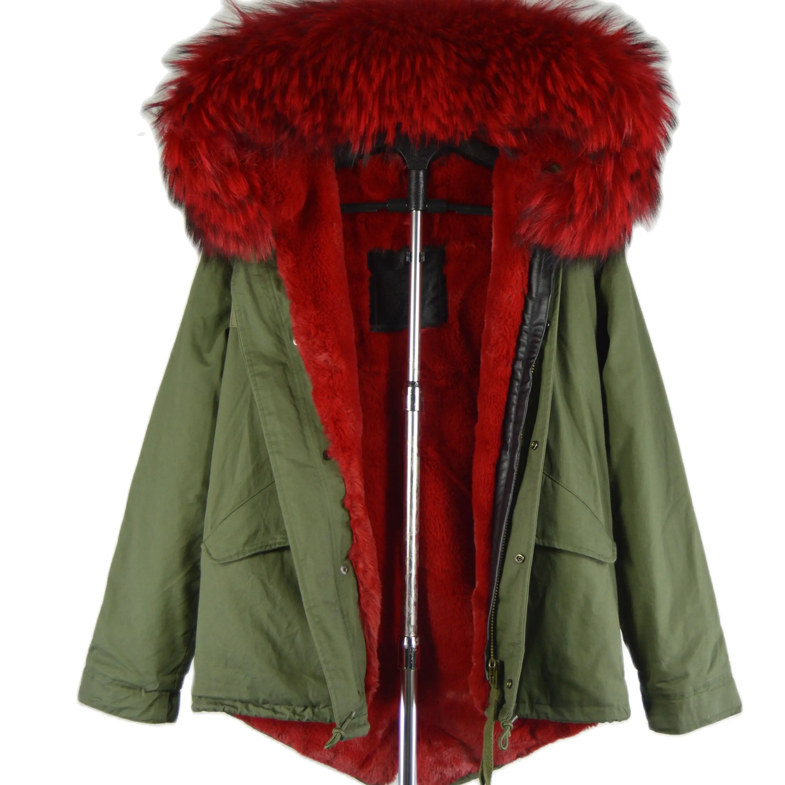 

Classic Coat For Women Christmas Red Lined Parka With Red Raccoon Fur Collar Ladies Short Jacket